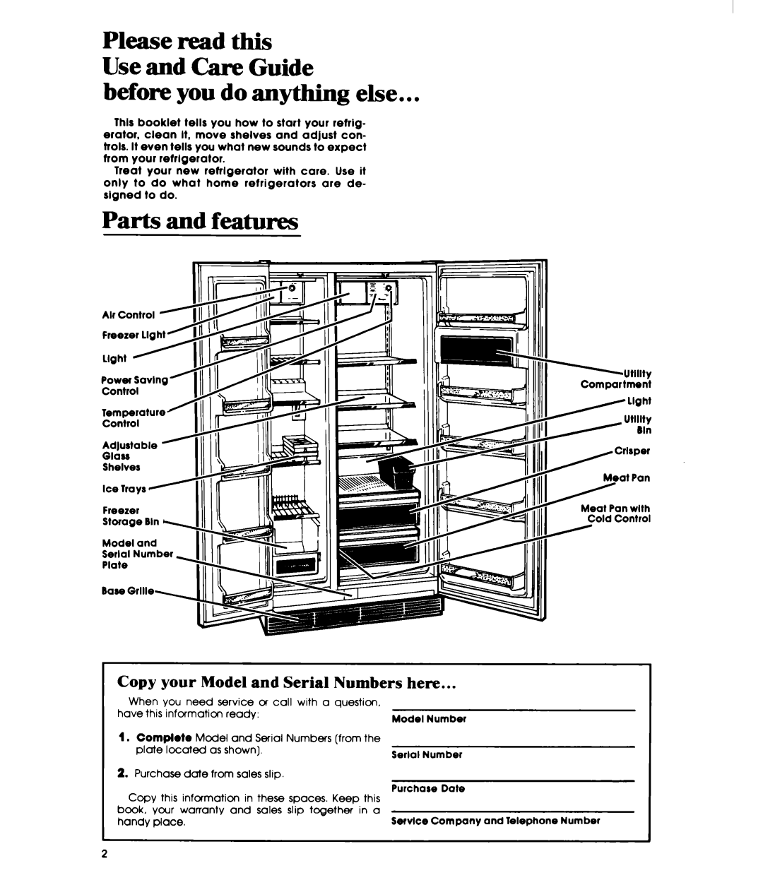 Whirlpool ED22EK manual Before you do anything else, Parts and features, Copy your Model and Serial Numbers here 