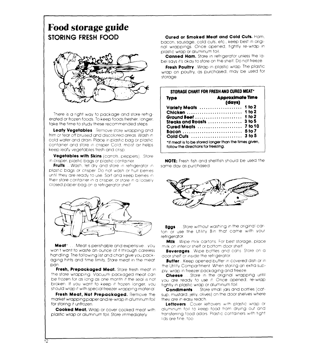 Whirlpool ED22EM manual Food storage guide, Storagechartforfreshandcuredmeat 