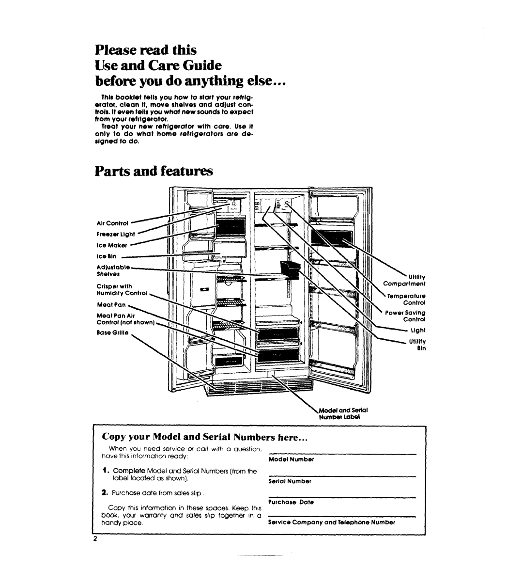 Whirlpool ED22EM manual Before you do anything else, Parts and feature-s, Copy your Model and Serial Numbers here 