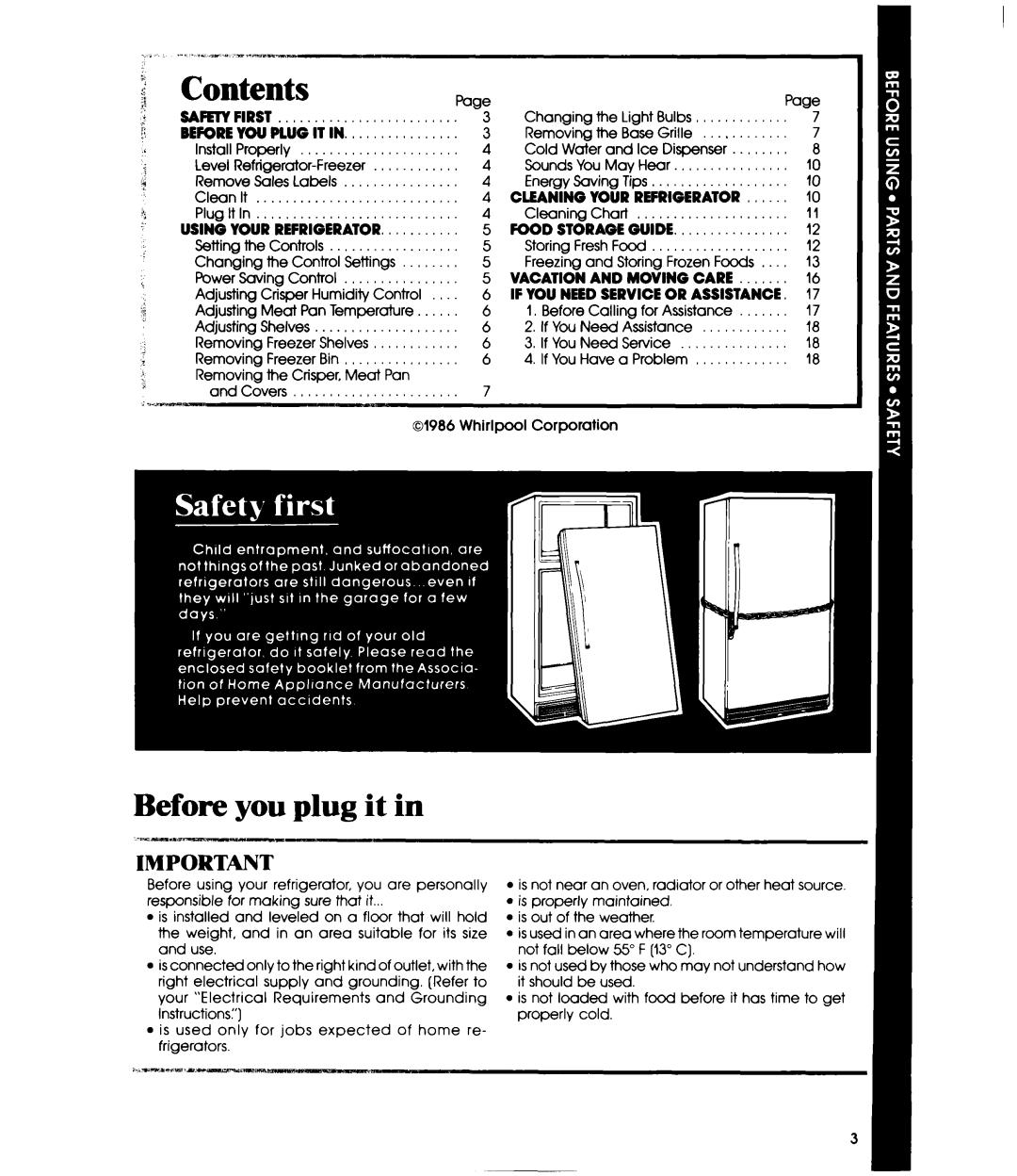 Whirlpool ED22EM manual Safetyfirst, Using Your Refrigerator Food Storage Guide, Vacation and Moving Care 