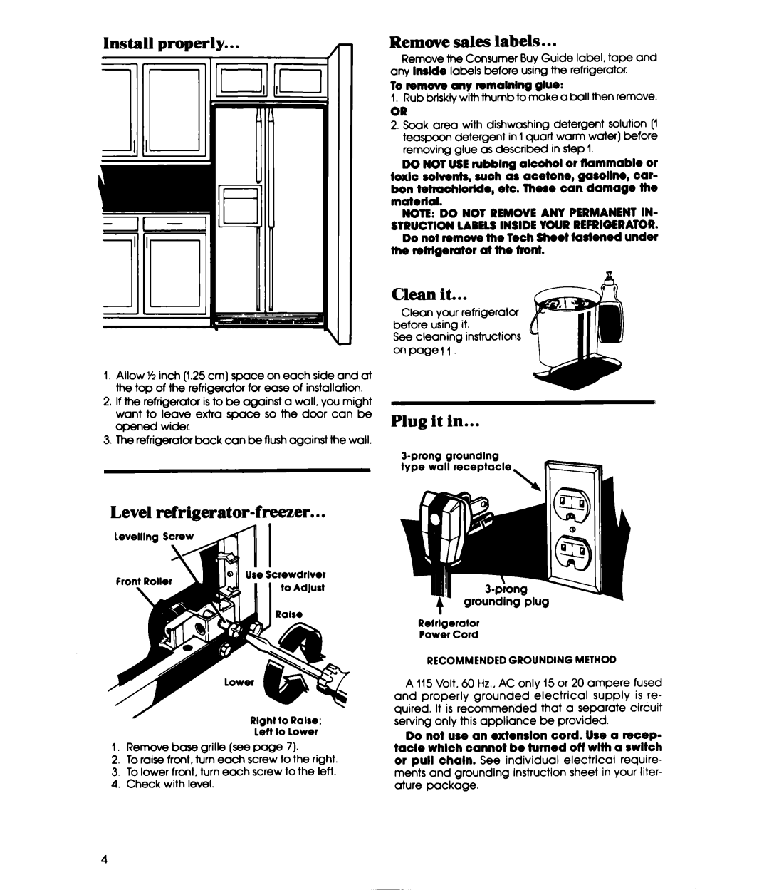 Whirlpool ED22EM manual Install Properly Remove Sales, Clean it, Plug it, Level refrigerator-freezer 