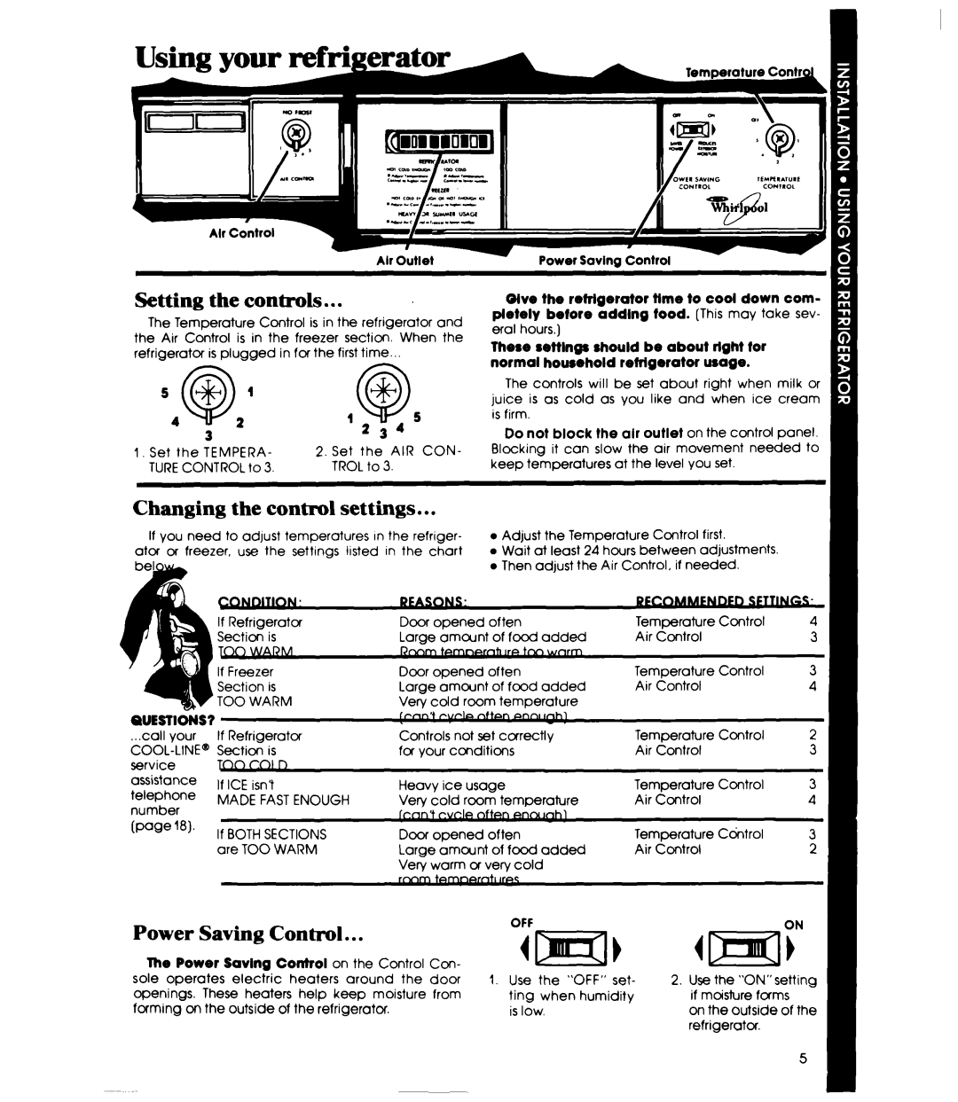 Whirlpool ED22EM manual Setting the controls, Changing the control settings, Power Saving Control, @,’, Off 