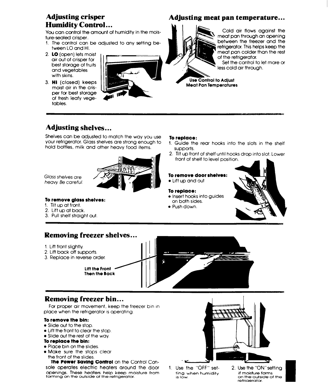 Whirlpool ED22EM manual Adjusting crisper Humidity Control, Adjusting meat pan temperature, Adjusting shelves 