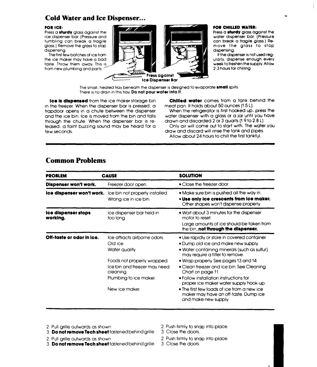 Whirlpool ED22EM manual Cold Water and Ice Dispenser, Common Problems, Cause, Solution 