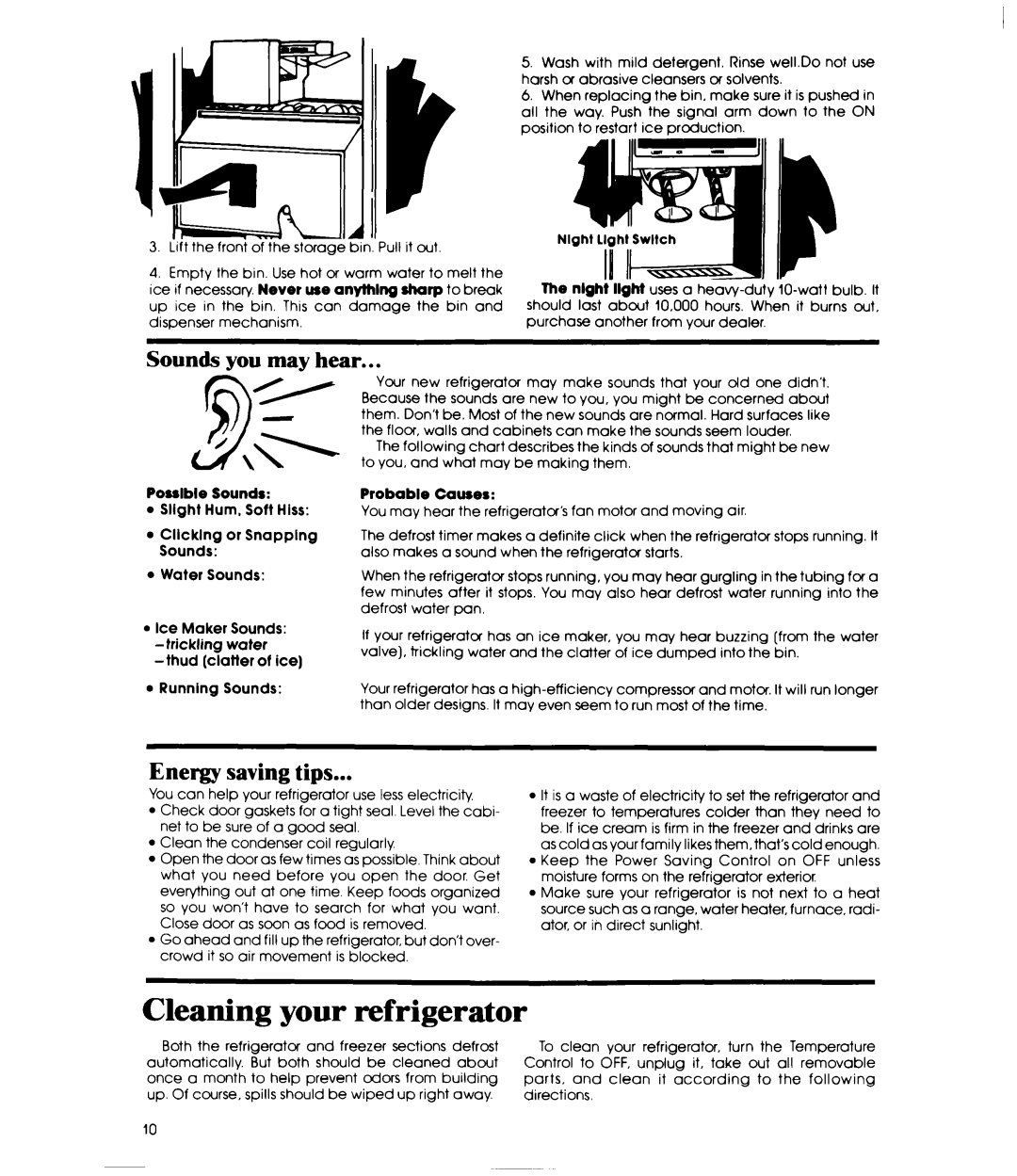 Whirlpool ED22EM Cleaning your refrigerator, Sounds you may hear, Energy saving tips, Probable Causes, l Running Sounds 