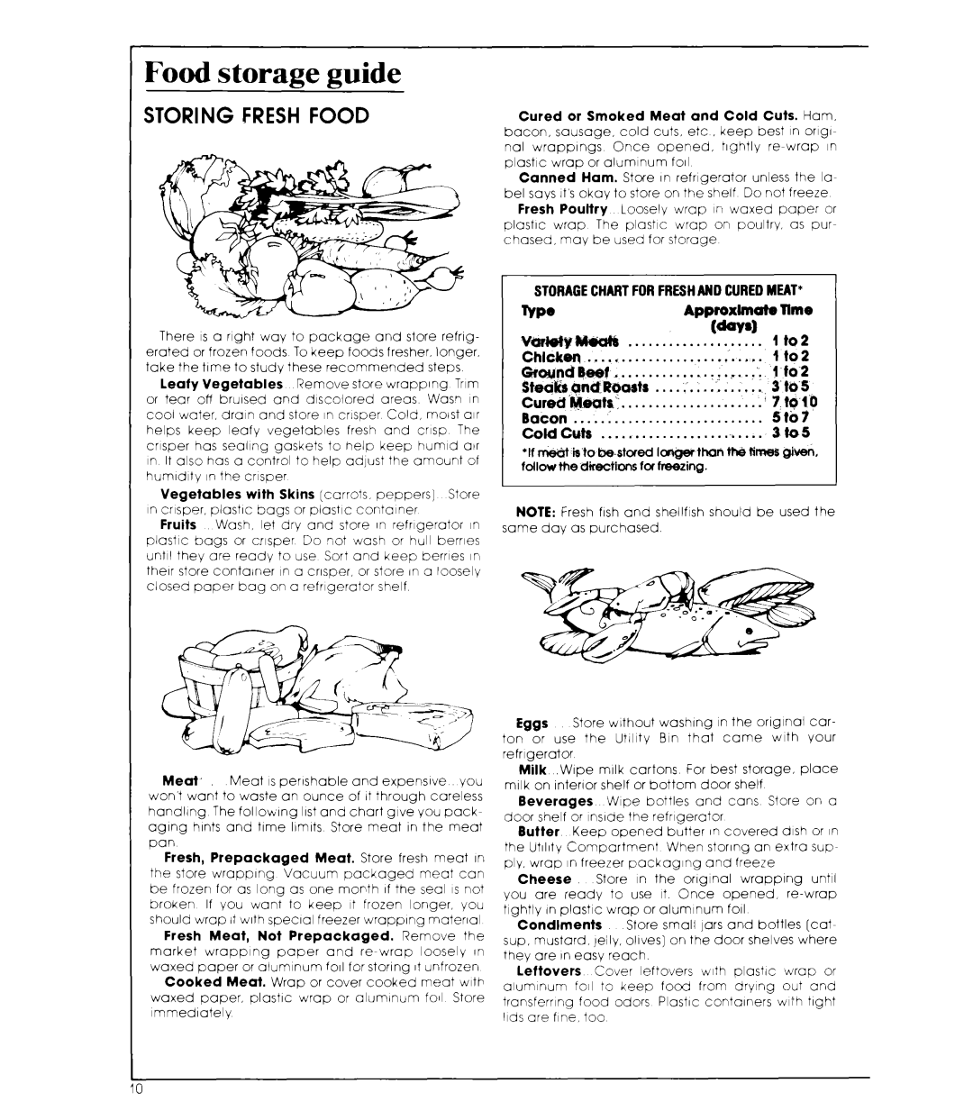 Whirlpool ED22MK manual Food storage guide, Storagechartforfreshand Curedmeat 