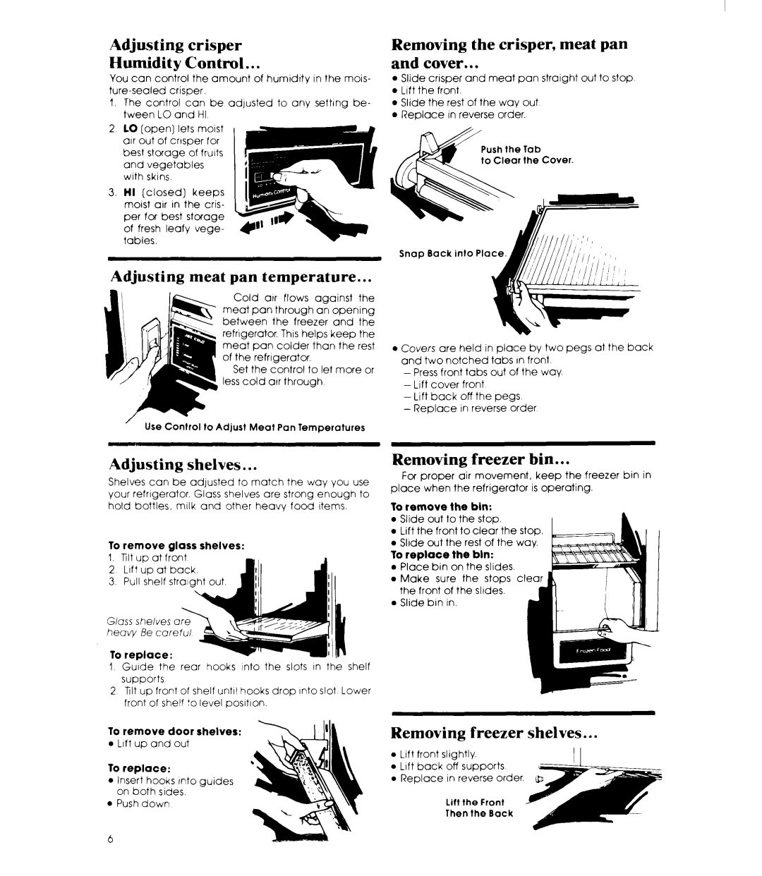 Whirlpool ED22MK manual Adjusting crisper Humidity Control, Removing the crisper, meat pan and cover, Adjusting shelves 