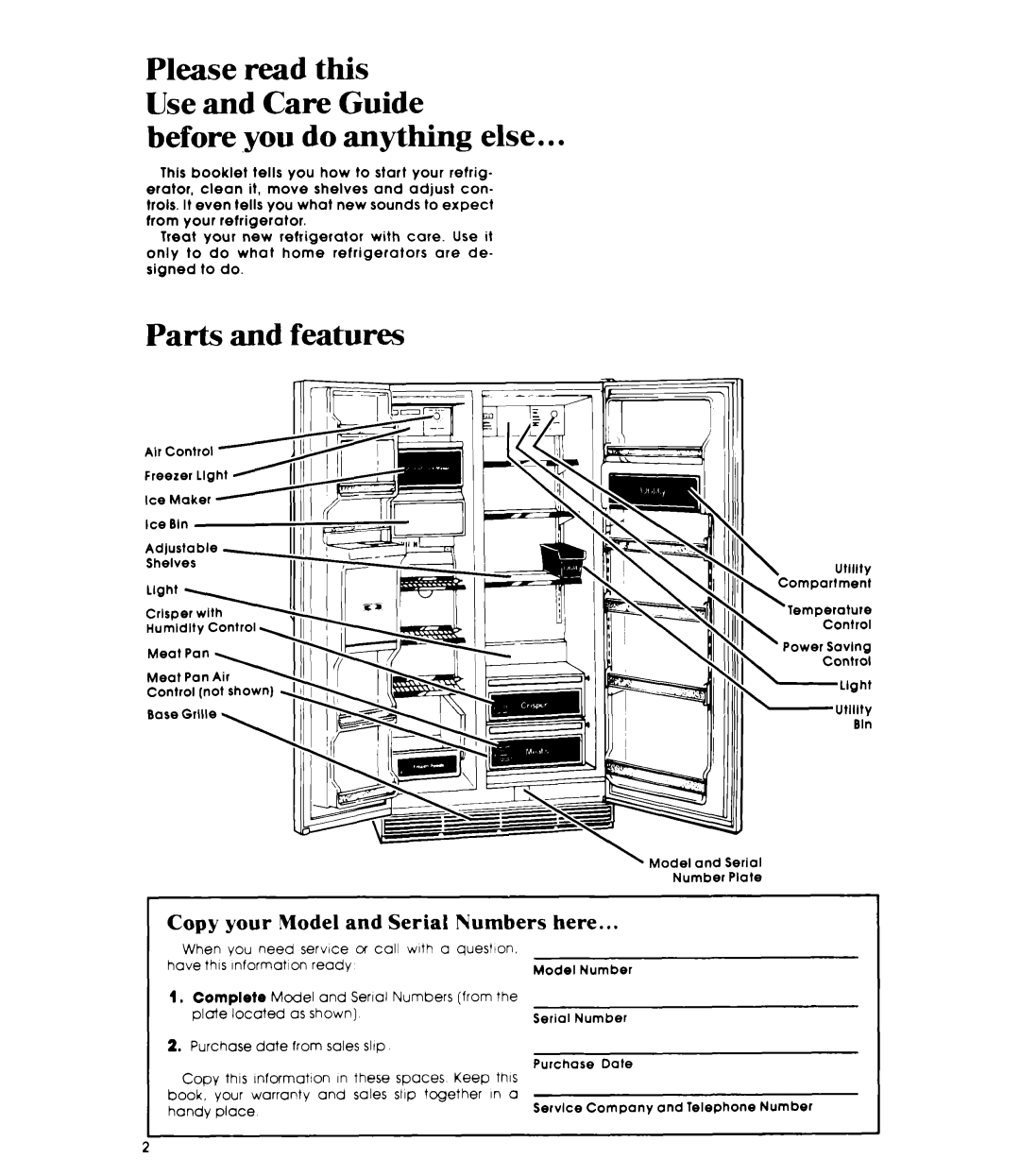 Whirlpool ED22MM manual Before you do anything else, Parts and features, Copy your Model and Serial Numbers here 