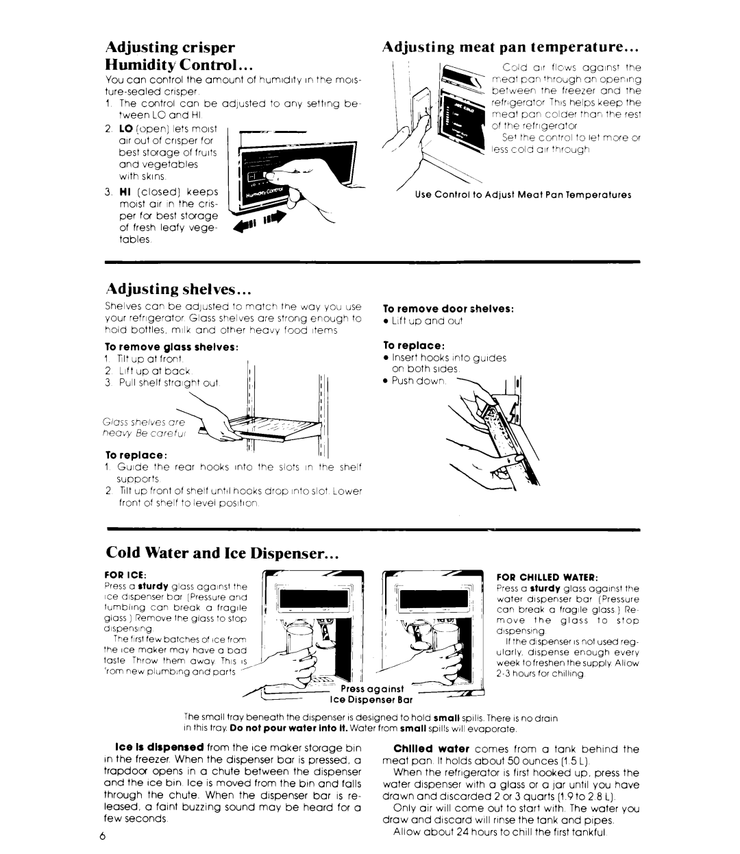 Whirlpool ED22MM manual Adjusting crisper Humidity Control, Adjusting meat pan temperature, Adjusting shelves 