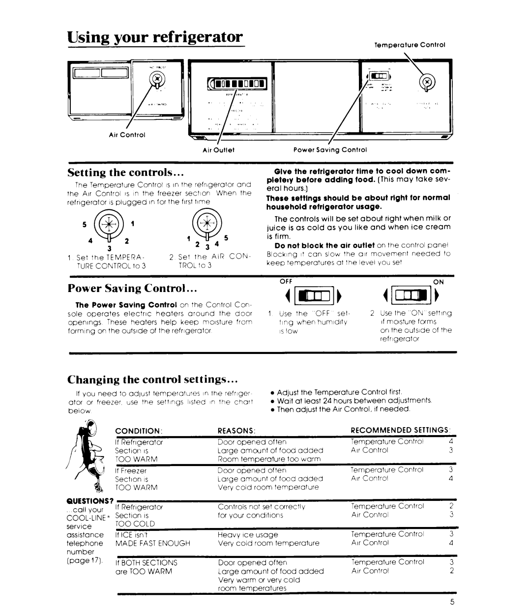 Whirlpool ED22MM manual Using your refrigerator, Setting the controls, Power Saving Control, Changing the control settings 