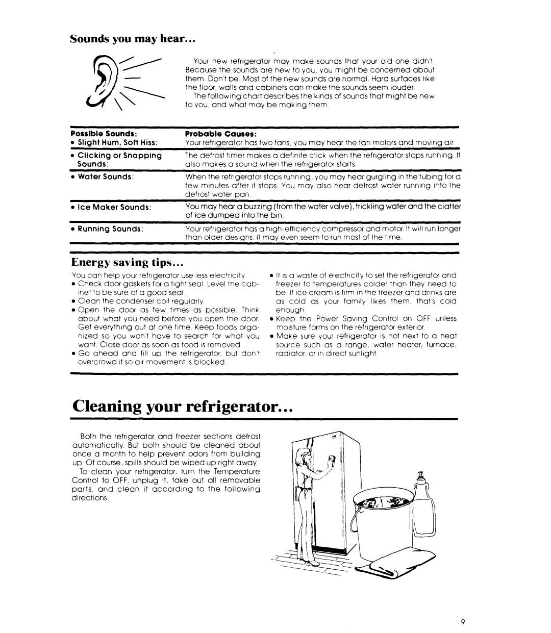 Whirlpool ED22MM manual Cleaning your refrigerator, Sounds you may hear, Energy saving tips 