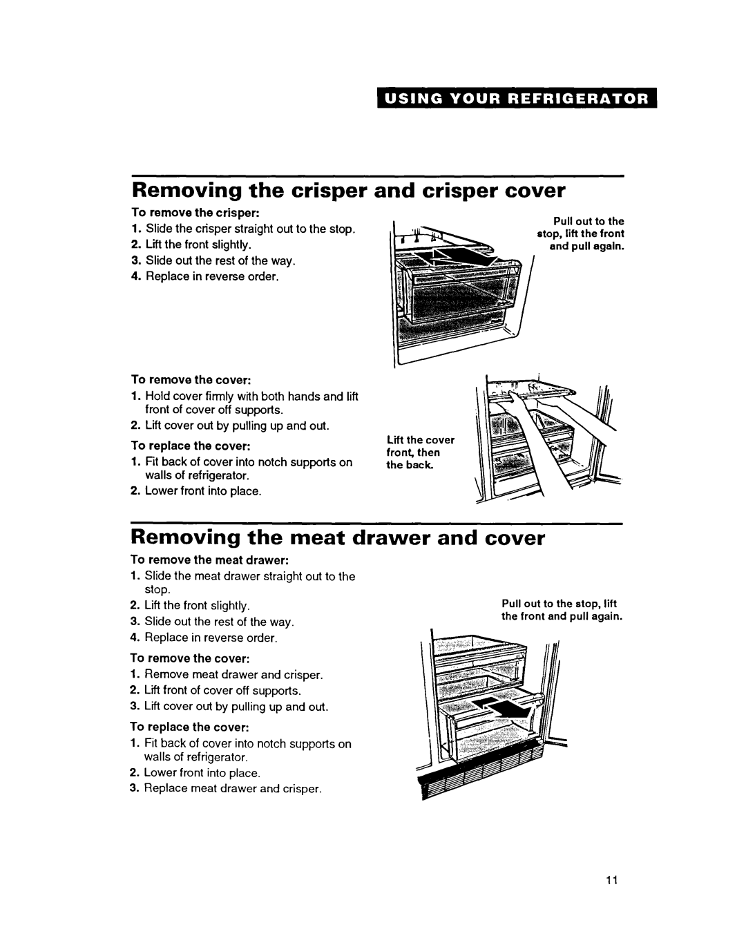 Whirlpool ED22PC important safety instructions Removing the crisper, Crisper cover, Removing the meat drawer and cover 