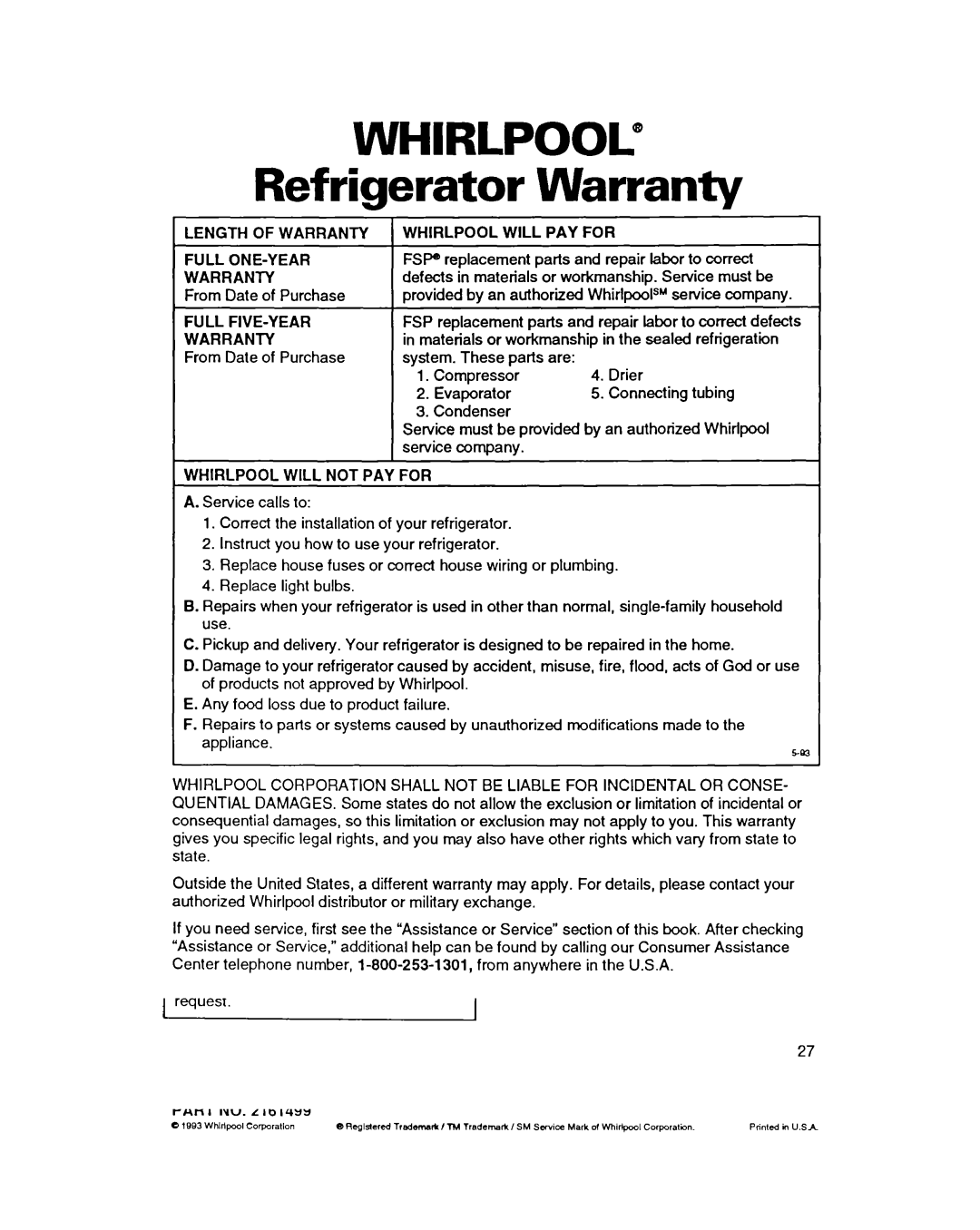 Whirlpool ED22PC important safety instructions Whirlpool@, Refrigerator Warranty 