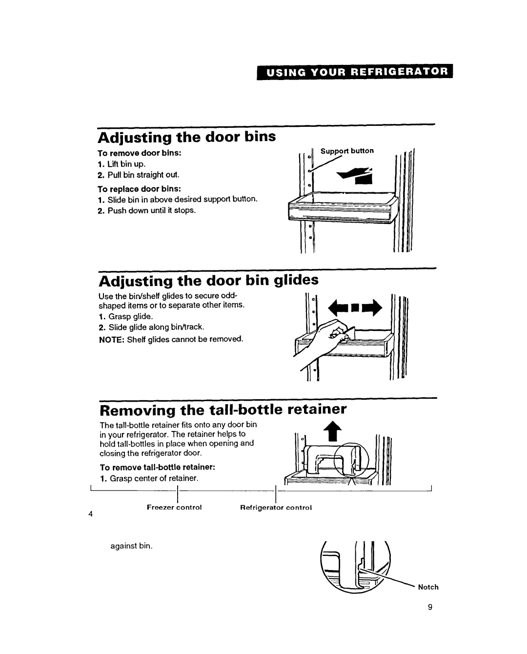 Whirlpool ED22PC Adjusting the door bins, Adjusting the door bin glides, Removing the tall-bottle retainer 