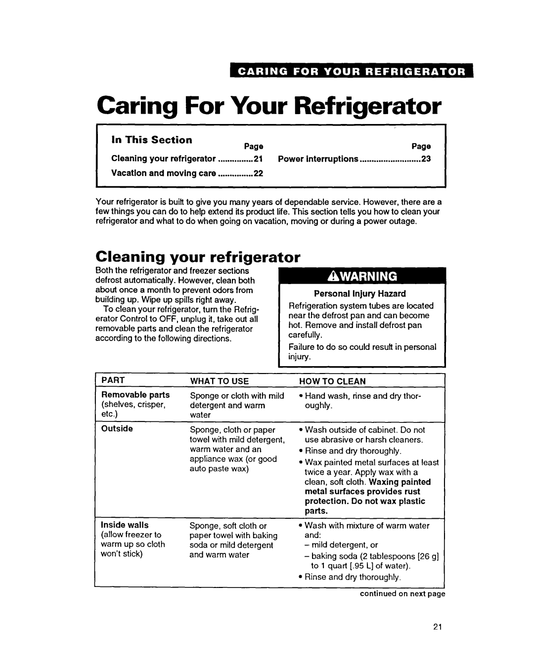Whirlpool ED22PC Caring For Your Refrigerator, Cleaning your refrigerator, In This, Section, Page, Vacation 