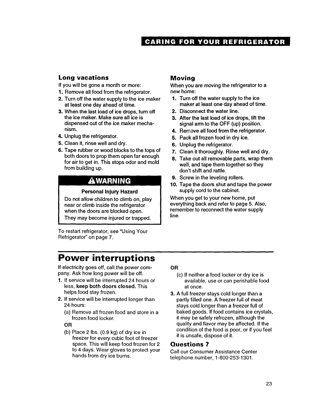 Whirlpool ED22PC Power interruptions, Long vacations, Moving, Questions, Personal Injury Hazard 