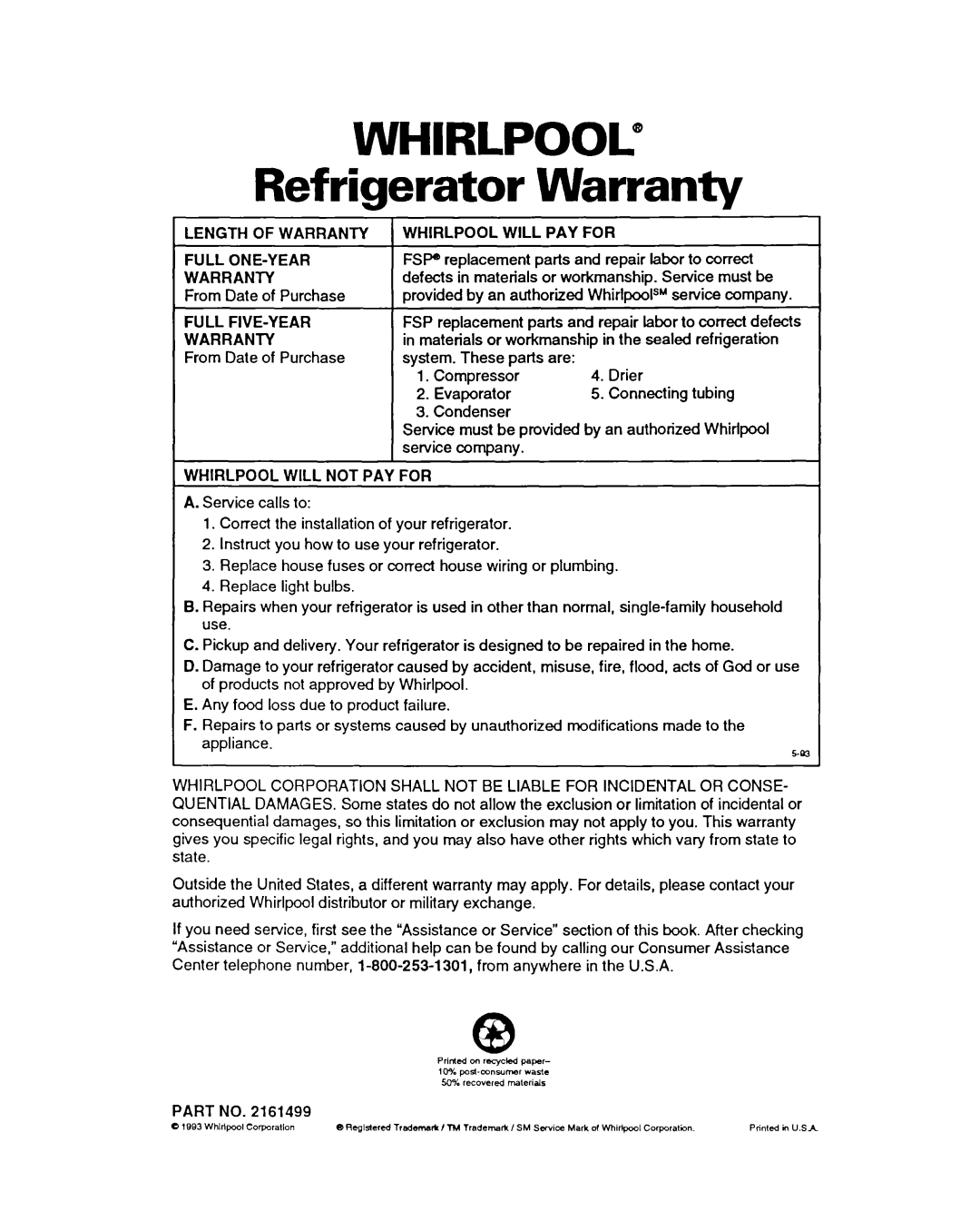 Whirlpool ED22PC important safety instructions WHIRLPOOL@ Refrigerator Warranty 