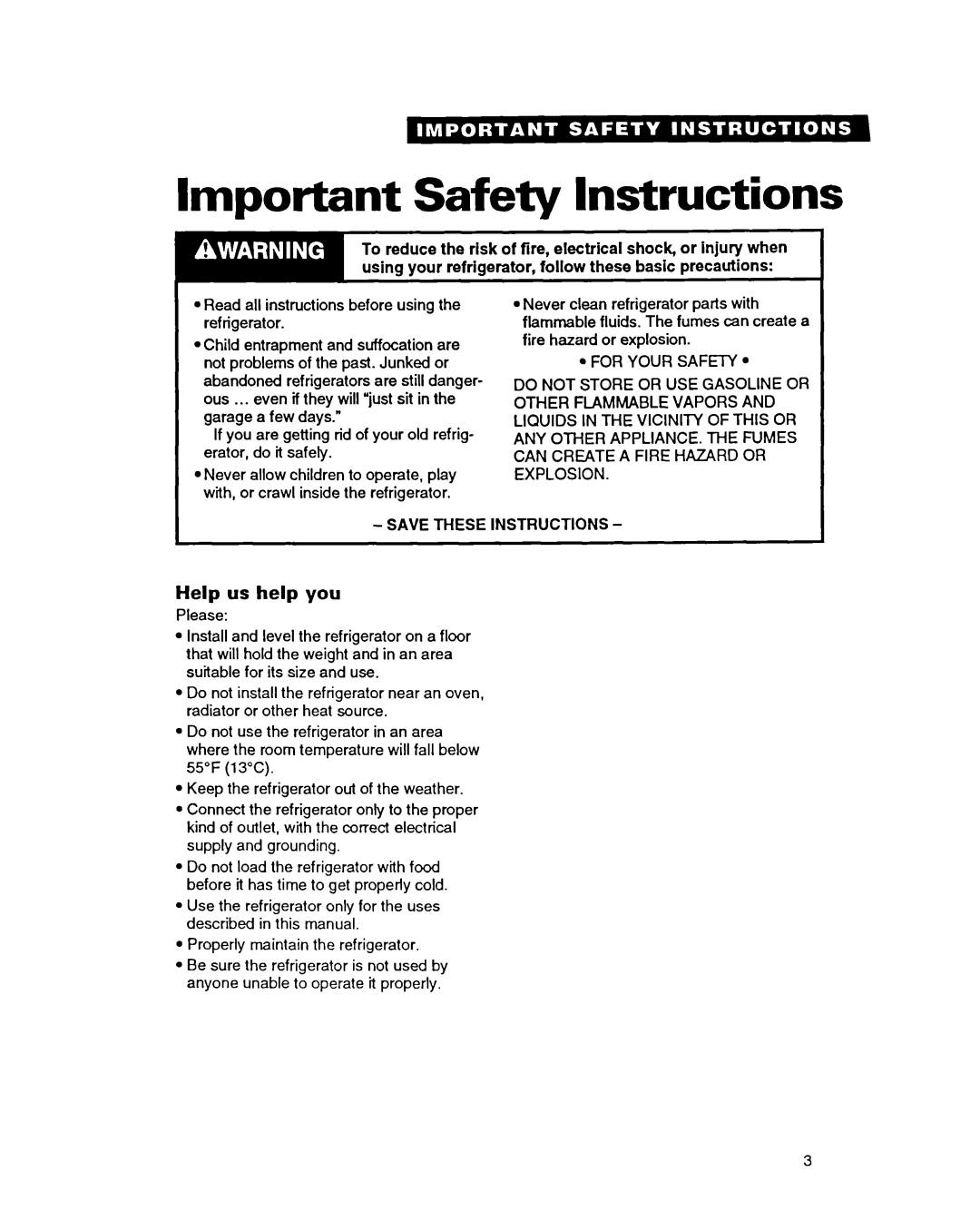 Whirlpool ED22PC important safety instructions Important Safety Instructions, Help us help you 