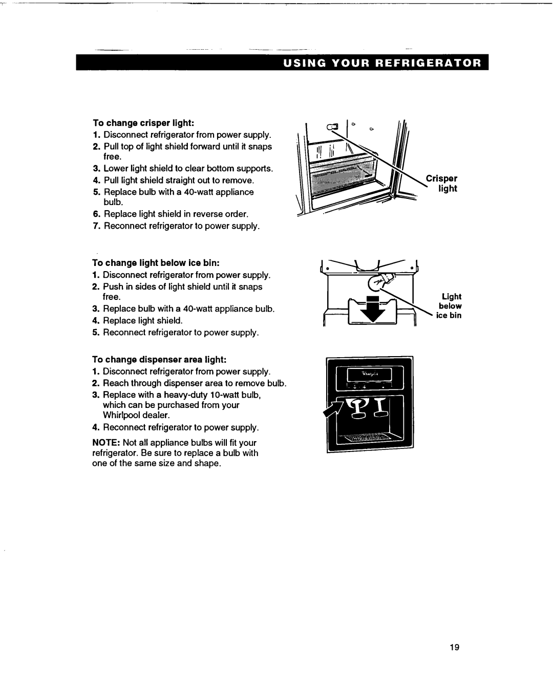 Whirlpool ED22PF warranty Replace bulb with a 40-watt appliance 