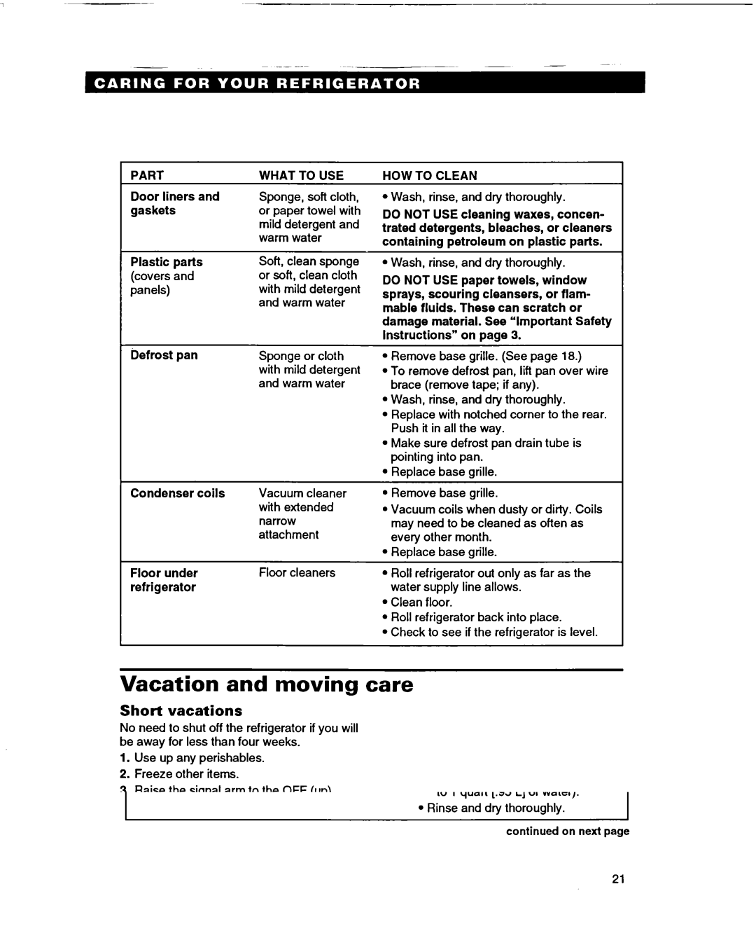 Whirlpool ED22PF warranty Vacation and moving care, Short vacations 