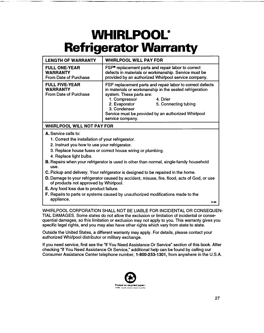 Whirlpool ED22PF warranty Length of Warranty Whirlpool, PAY for Full ONE-YEAR, Full FIVE-YEAR, Whirlpool will not PAY for 