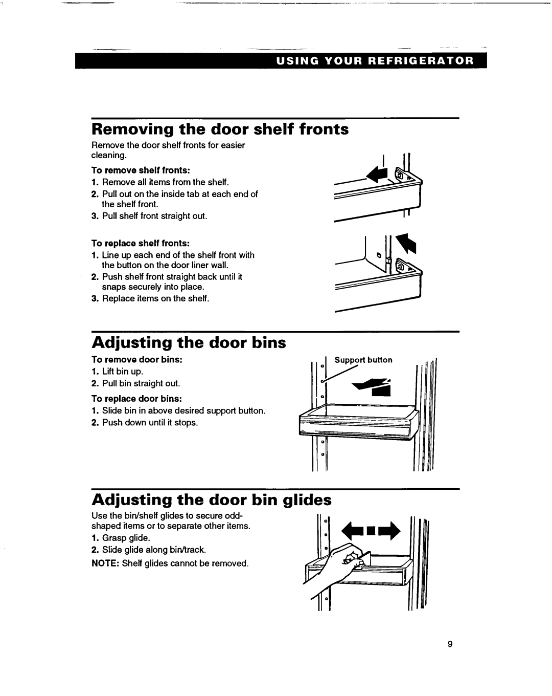 Whirlpool ED22PF warranty Removing the door shelf fronts, Adjusting the door bins, Adjusting the door bin glides 