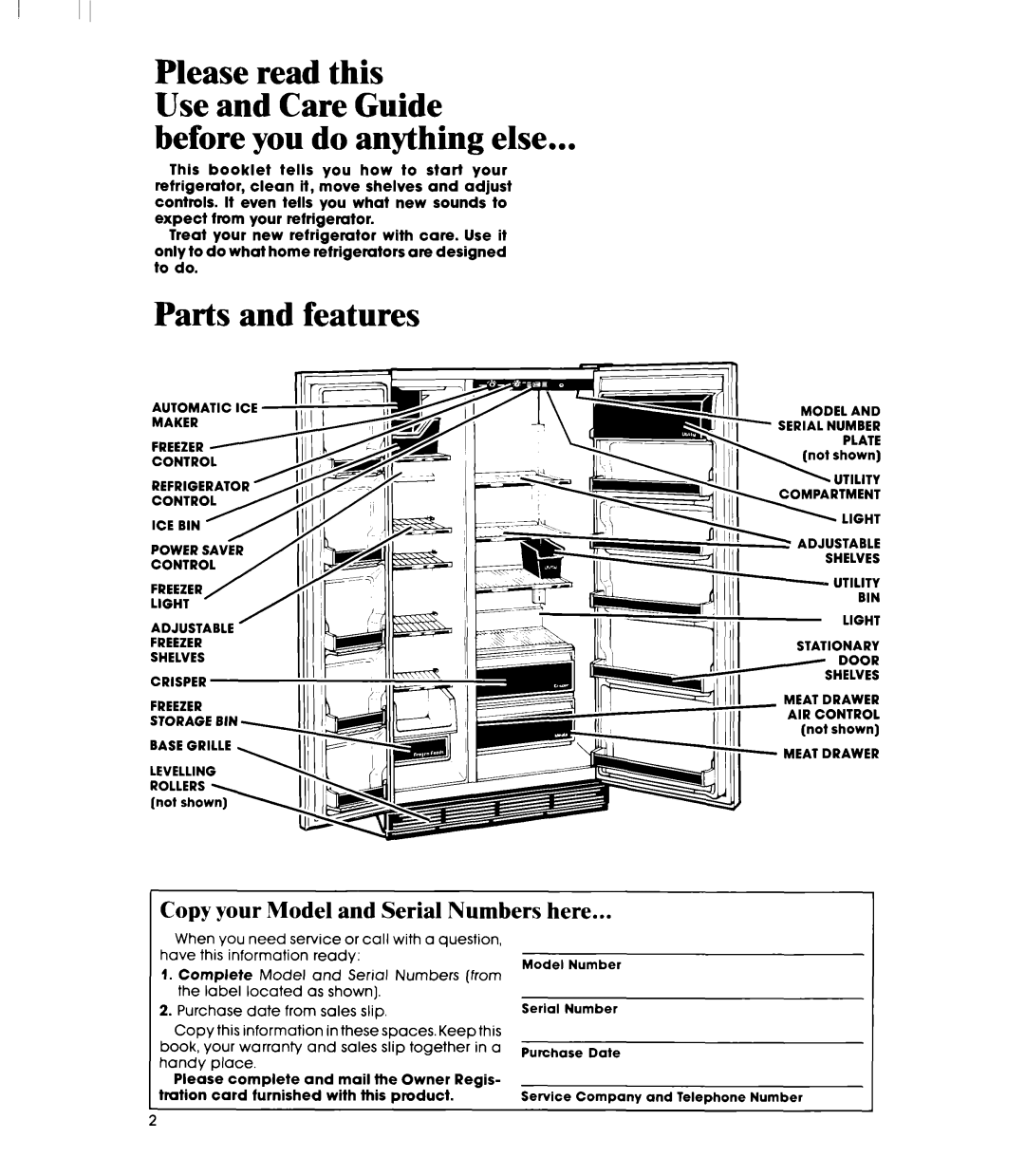 Whirlpool ED22PM manual Before you do anything else, Parts and features, Serialnumber, Shelves Utility 