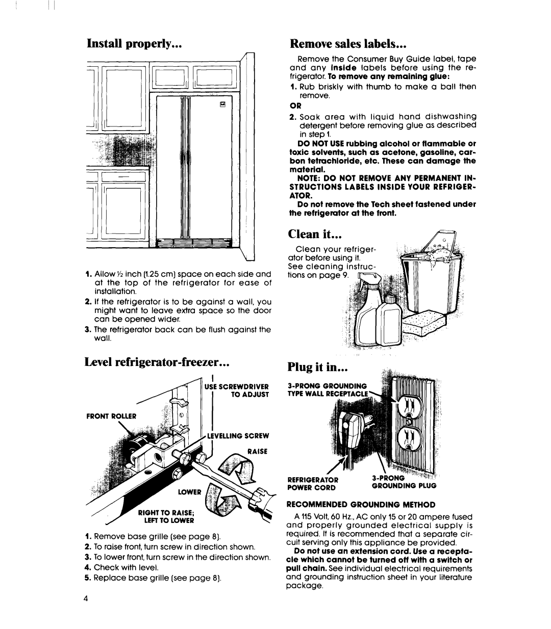 Whirlpool ED22PM manual Install properly, Level refrigerator-freezer, Clean it, Plug it, Recommended Grounding Method 