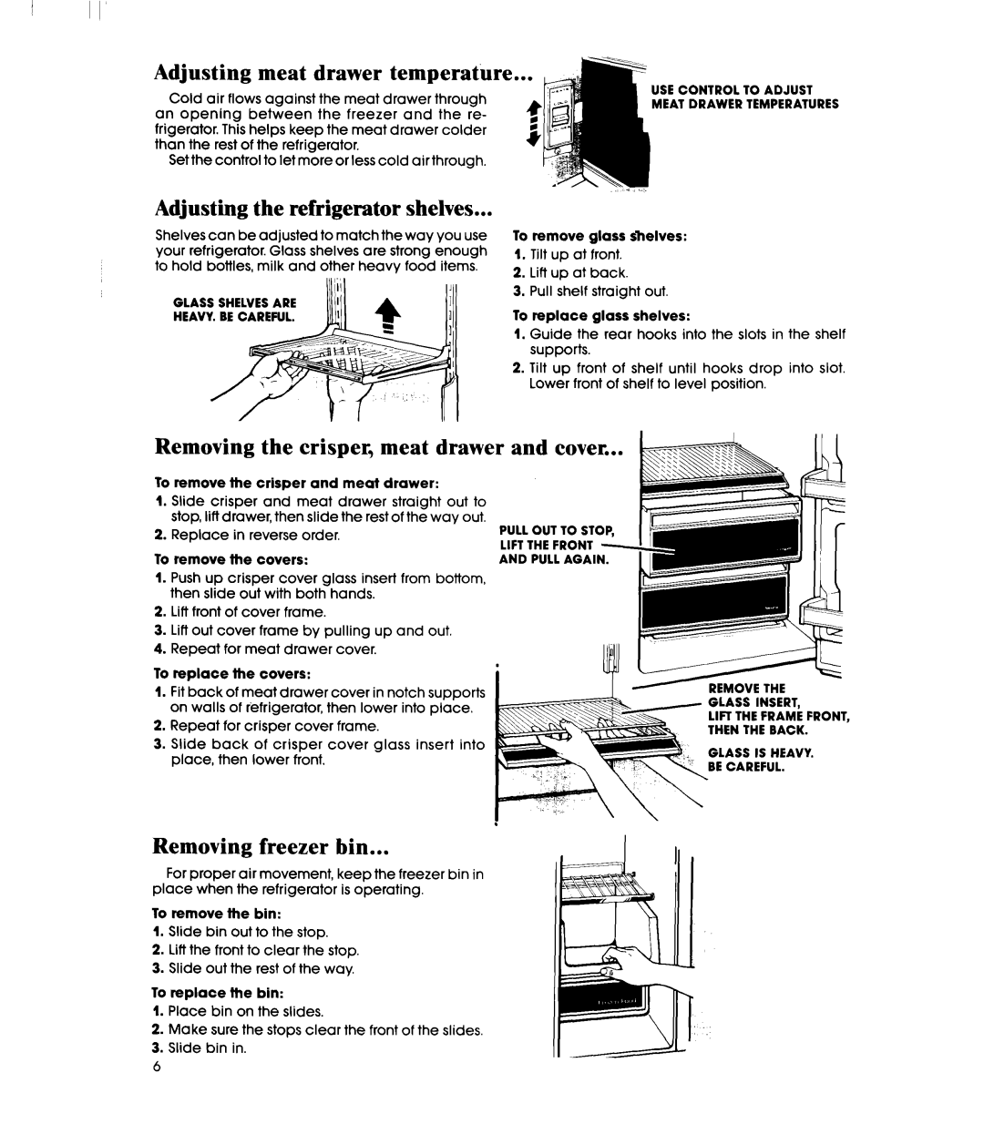 Whirlpool ED22PM manual Removing the crisper, meat drawer and cover, Removing freezer bin 