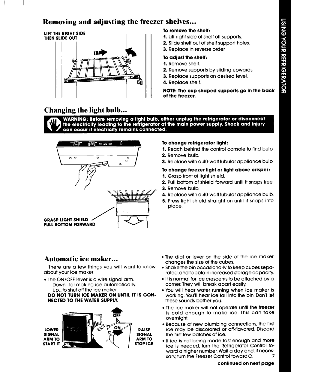 Whirlpool ED22PM manual Removing and adjusting, Freezer shelves, Changing the light bulb, Automatic ice maker 