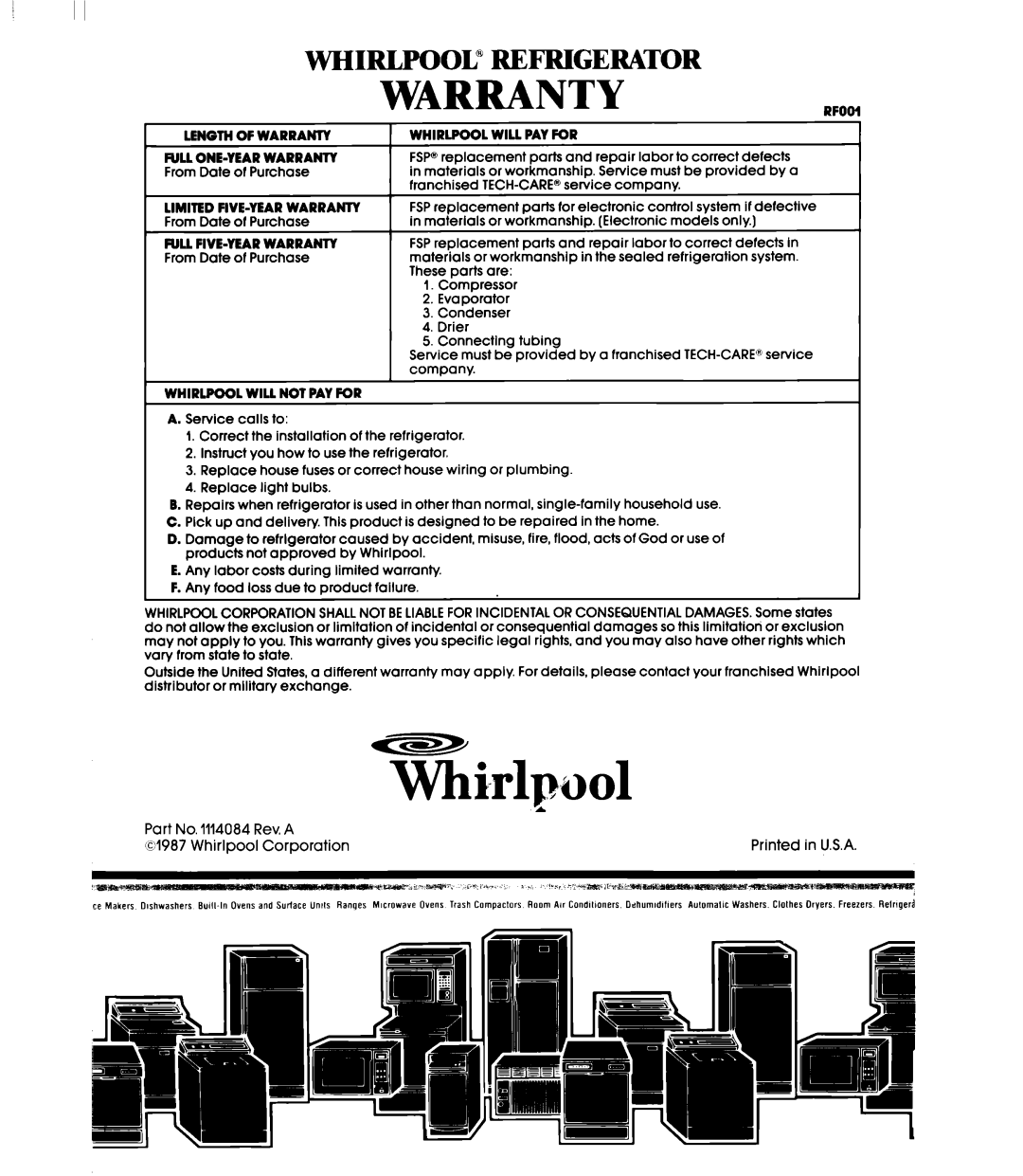 Whirlpool ED22PM manual Warranty, Whirlpool” Refrigerator 