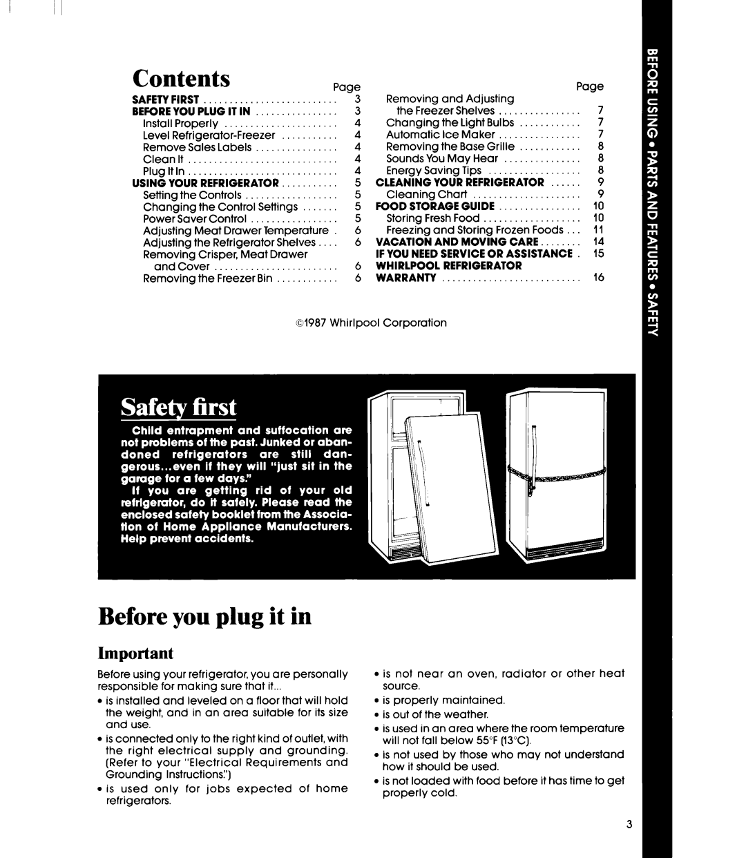 Whirlpool ED22PM manual Contents, Before you plug it in, Plugitin, Food Storage Guide, Whirlpool Refrigerator 