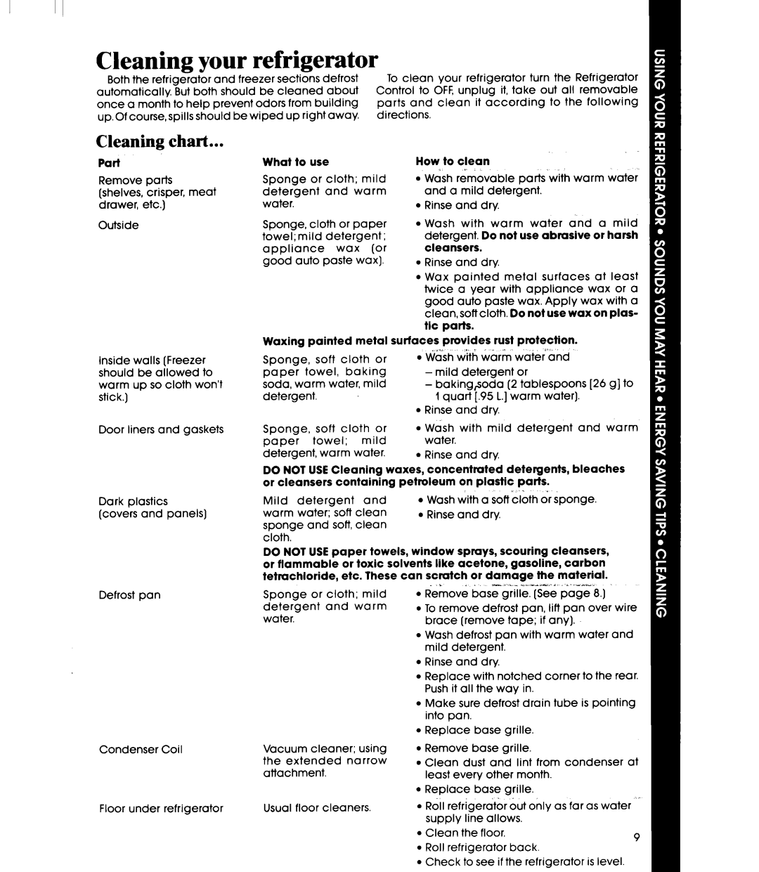 Whirlpool ED22PM manual Cleaning your refrigerator, Cleaning chart 