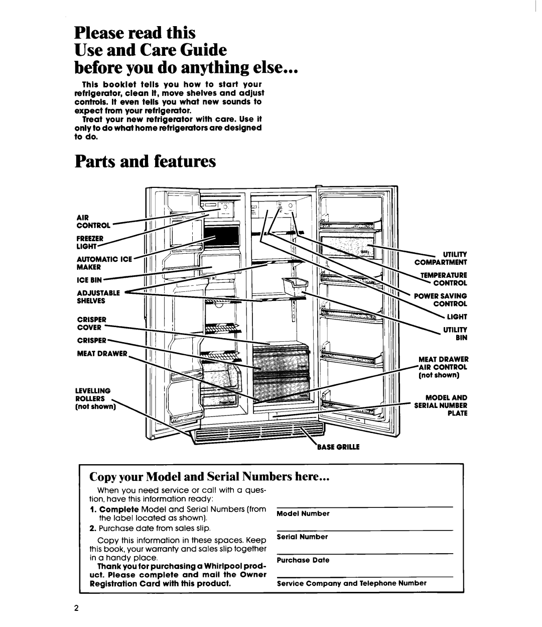 Whirlpool ED22PR manual Before you do anything else, Parts and features, Copy your Model and Serial Numbers here 