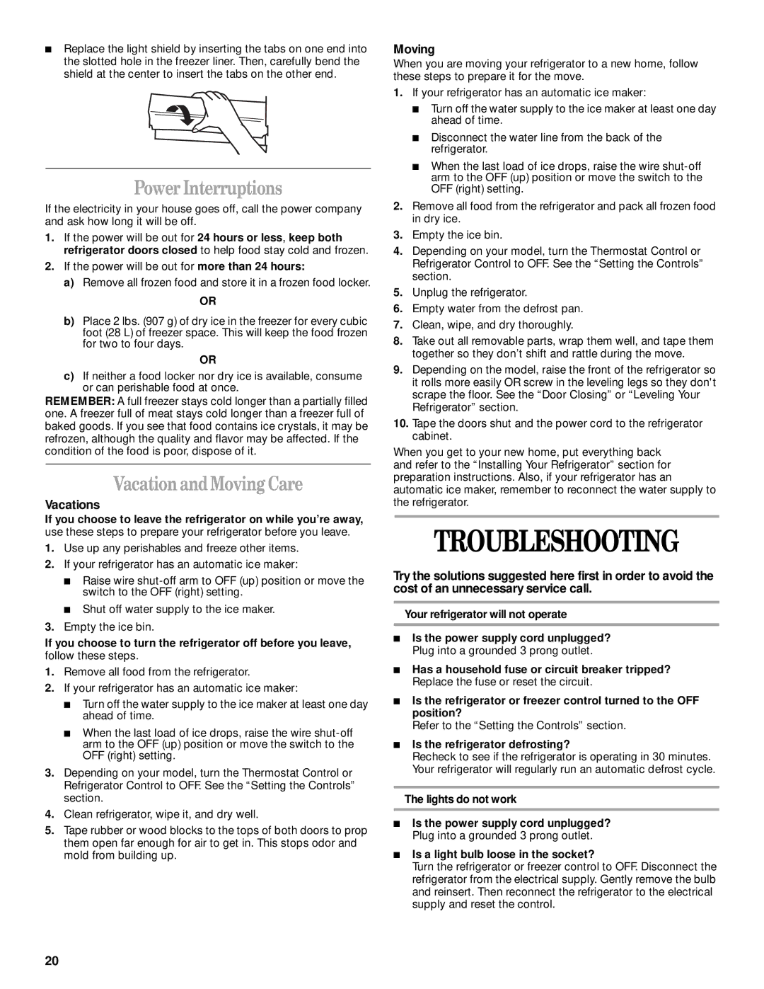 Whirlpool ED25VFXHW00, ED22RFXFW00, ED22RFXFW02 Troubleshooting, Power Interruptions, Vacation and Moving Care, Vacations 