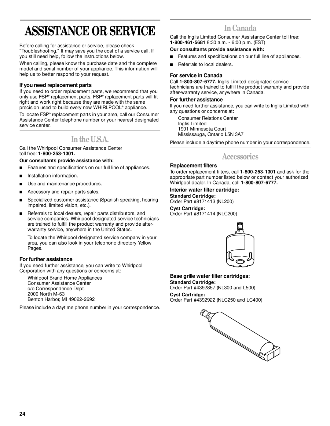 Whirlpool ED25RFXFW00, ED22RFXFW00, ED22RFXFW02, ED22RFXFW01, ED22RFXFW03, ED22RFXFN04, ED22RFXFW04 U.S.A, Canada, Accessories 