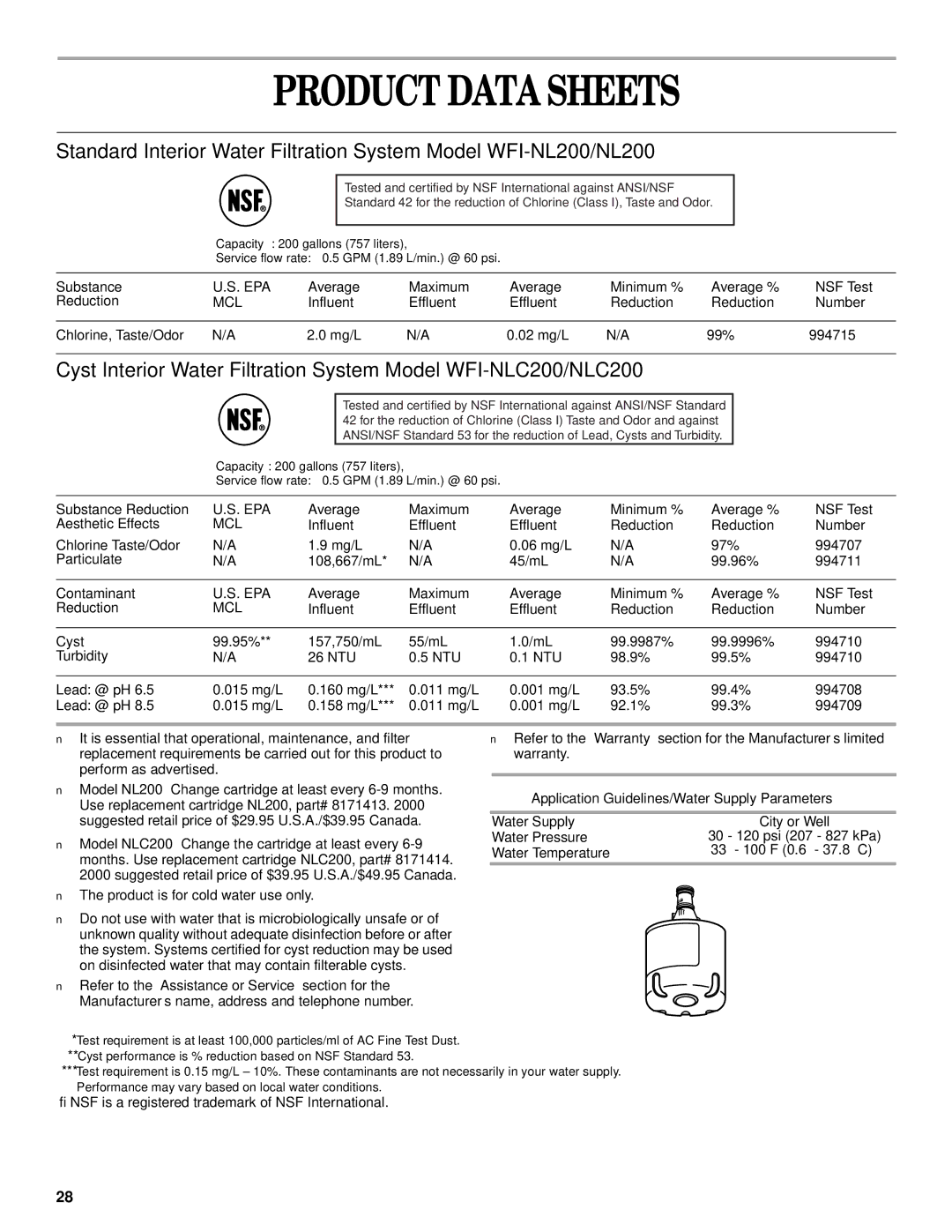 Whirlpool ED25LFXHB02 manual Average Maximum Minimum % Average % NSF Test Reduction, Substance Reduction, Contaminant 