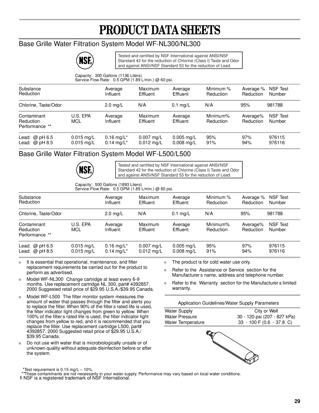 Whirlpool ED25LFXGW00, ED22RFXFW00, ED22RFXFW02 Product Data Sheets, Average Maximum Minimum% Average% NSF Test Reduction 