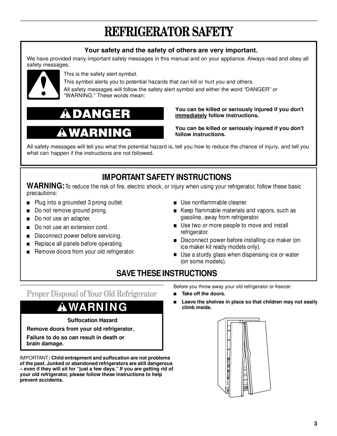 Whirlpool ED22RFXFW03, ED22RFXFW00, ED22RFXFW02 Refrigerator Safety, Before you throw away your old refrigerator or freezer 