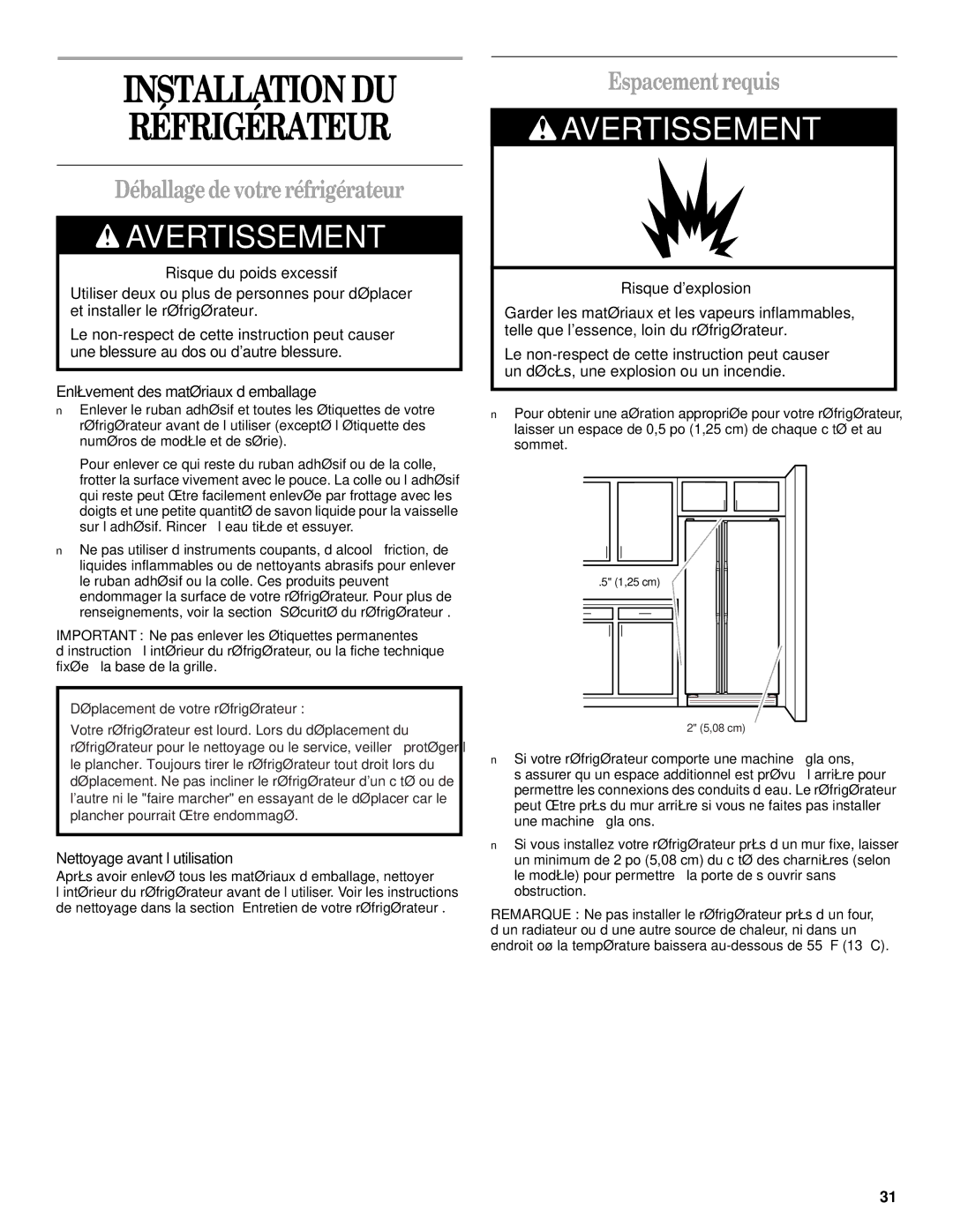 Whirlpool ED25RFXFN03, ED22RFXFW00 manual Installation DU Réfrigérateur, Déballage de votre réfrigérateur, Espacement requis 