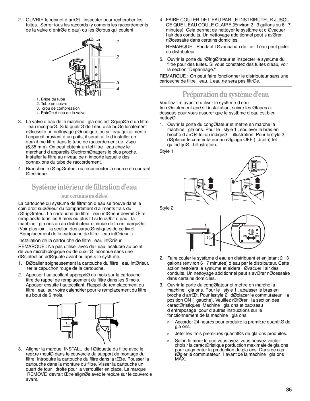 Whirlpool ED25QFXHT00, 2205958 Préparation du système d’eau, Système intérieur de filtration d’eau, Surcertains modèles 