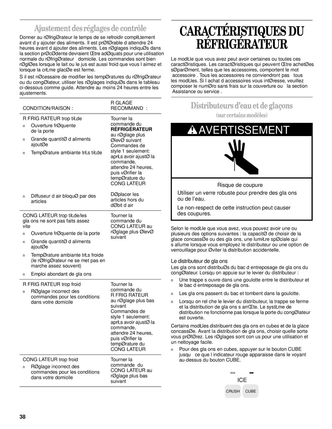 Whirlpool ED25LFXHW01 manual Ajustement des réglages de contrôle, Distributeurs d’eau et de glaçons, Sur certains modèles 