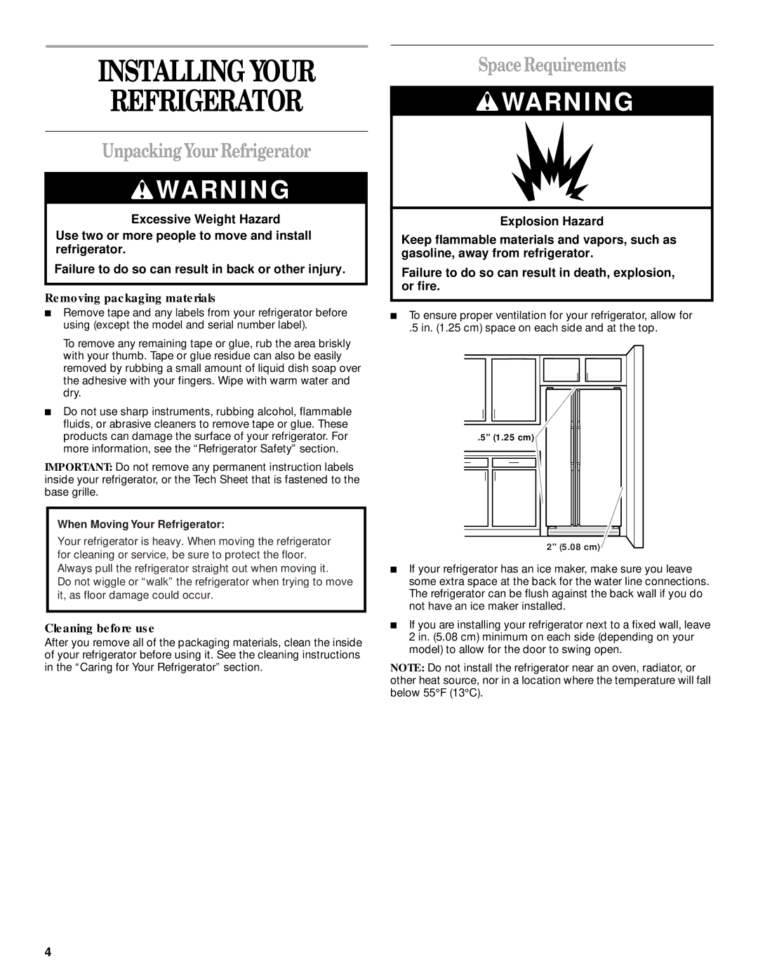 Whirlpool ED22RFXFN04 Installing Your Refrigerator, Unpacking Your Refrigerator, Space Requirements, Cleaning before use 