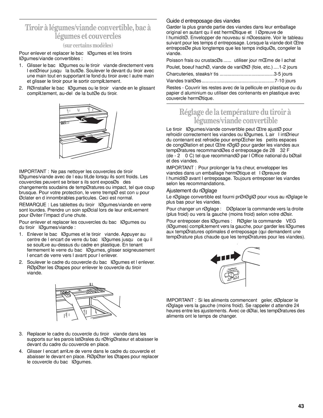 Whirlpool ED25QFXHN02, ED22RFXFW00, 2205958 Légumes et couvercles, Guide d’entreposage des viandes, Ajustement du réglage 