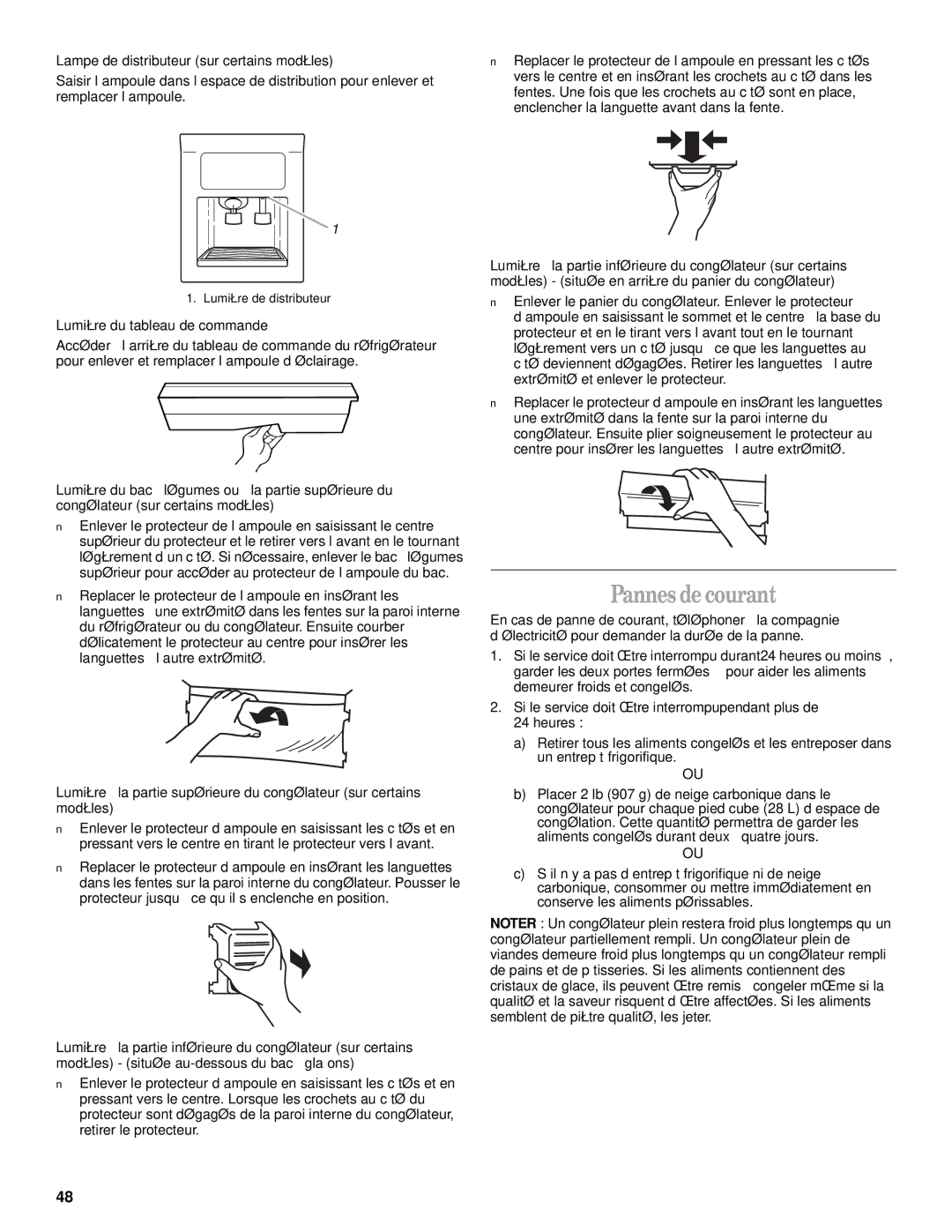 Whirlpool ED25RFXFB01 manual Pannes de courant, Lampe de distributeur sur certains modèles, Lumière du tableau de commande 