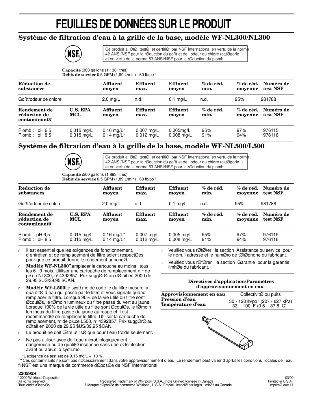 Whirlpool ED25LFXHB00, ED22RFXFW00, ED22RFXFW02, ED22RFXFW01 manual Affluent Effluent De réd Numéro de Réduction de, 2205958 