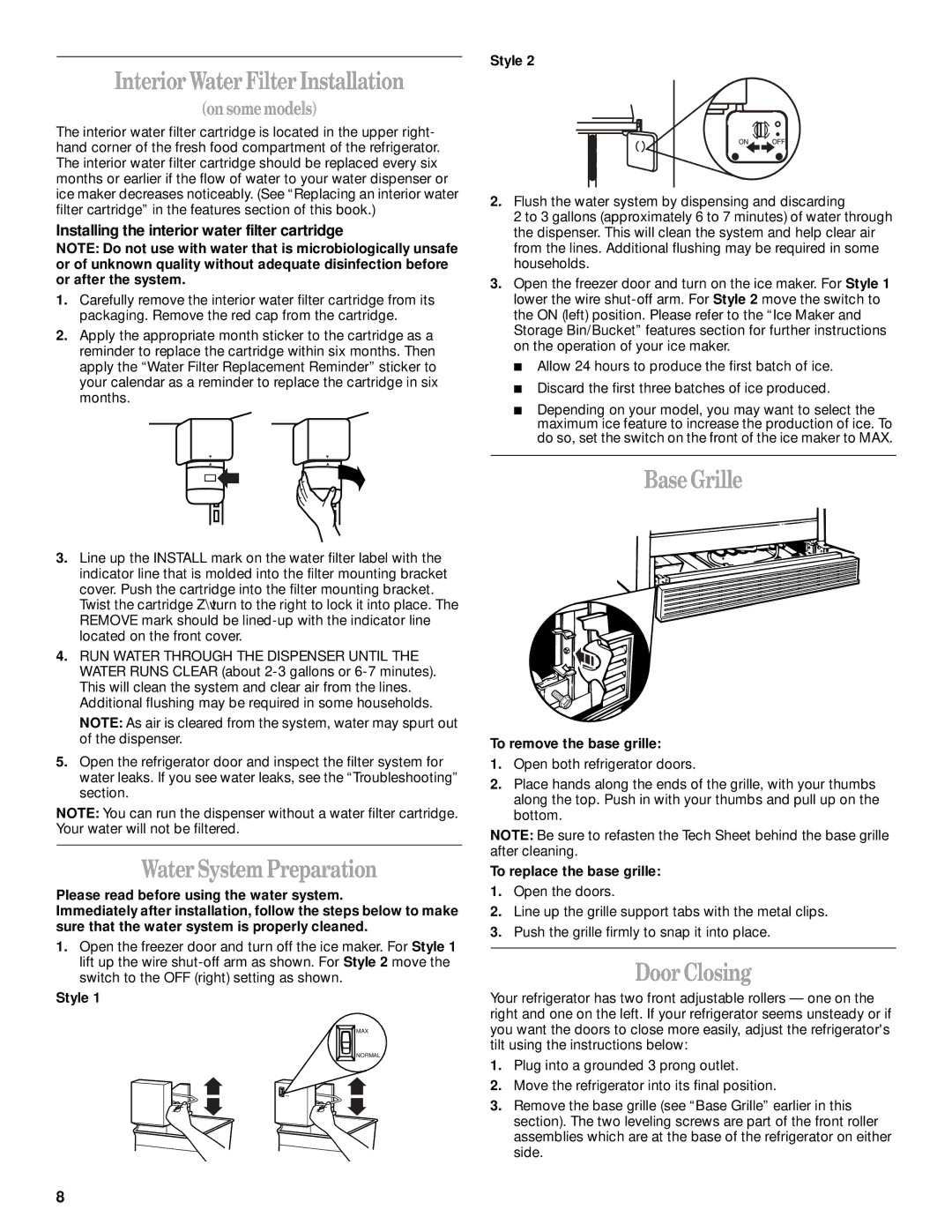 Whirlpool ED27QFXHT02, ED22RFXFW00 InteriorWater Filter Installation, Water System Preparation, Base Grille, Door Closing 