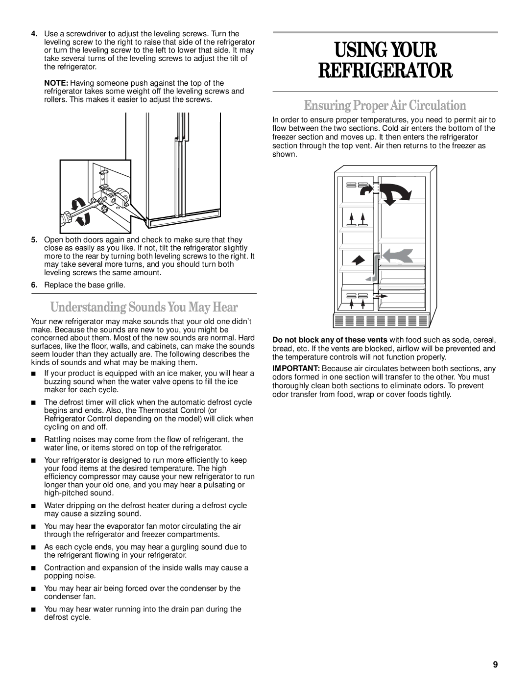 Whirlpool ED27QFXHW00, 2205958 Using Your Refrigerator, Understanding Sounds You May Hear, Ensuring Proper Air Circulation 