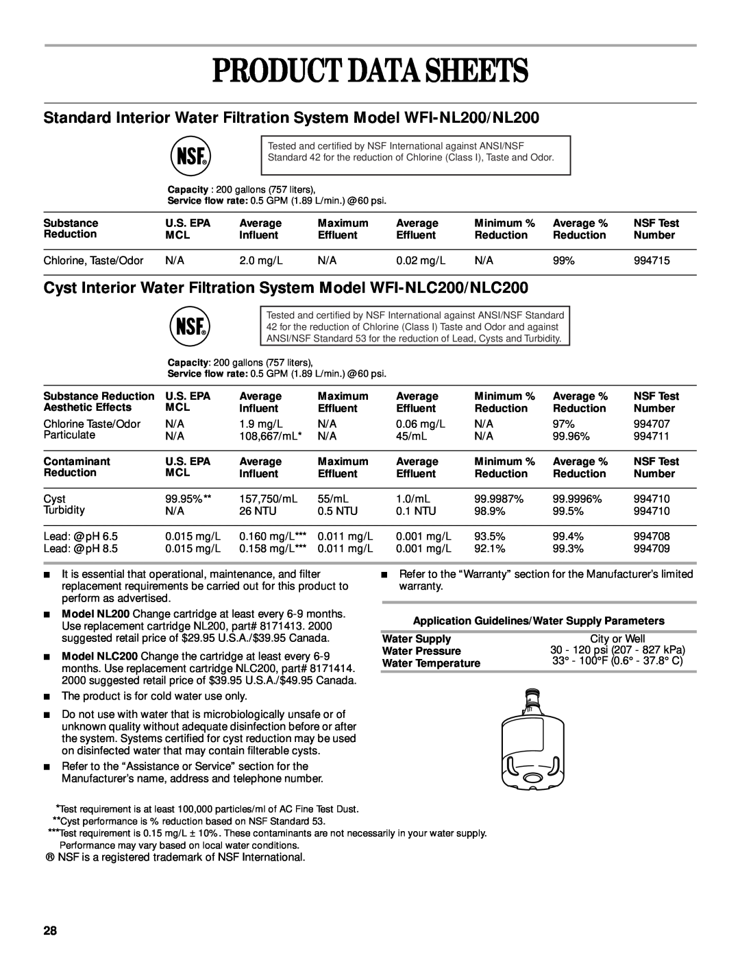Whirlpool ED25LFXHB02 Product Data Sheets, Standard Interior Water Filtration System Model WFI-NL200/NL200, Substance 