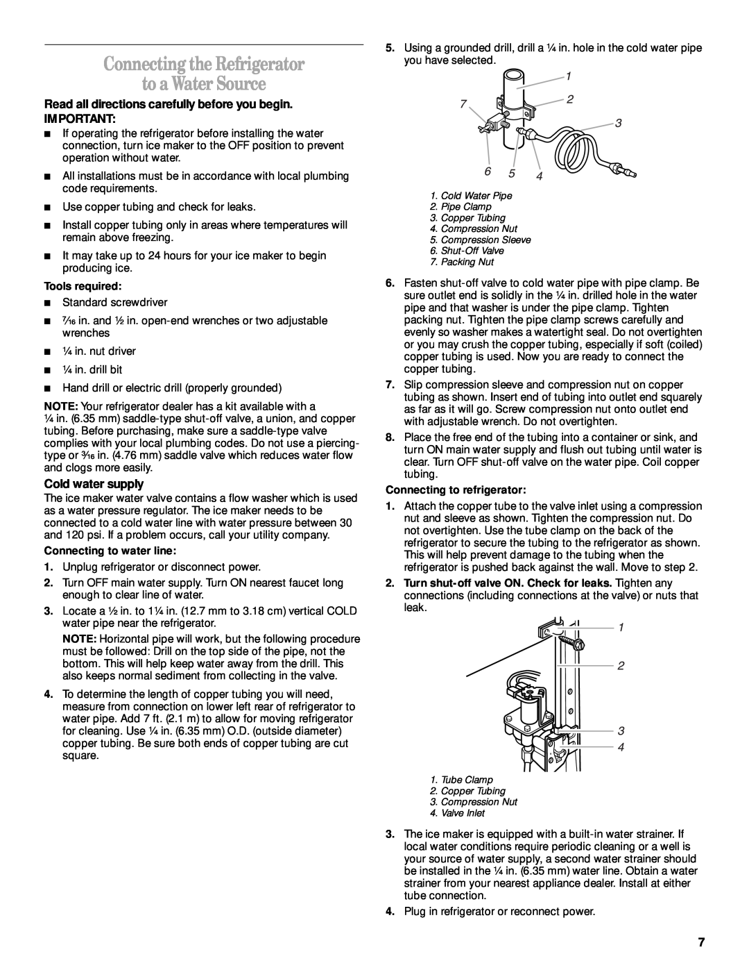Whirlpool ED25VFXHW02 manual Connecting the Refrigerator to a Water Source, Read all directions carefully before you begin 